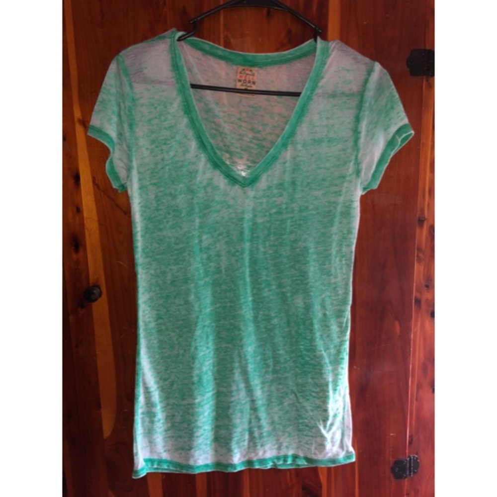 Green & white semi-sheer v-neck top, Sz. M
